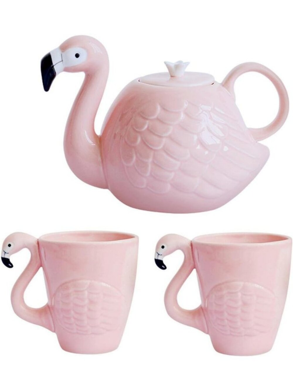 Charming Pink Flamingo Ceramic Teapot Set, 34 oz + 2 Matching 15 oz Mugs